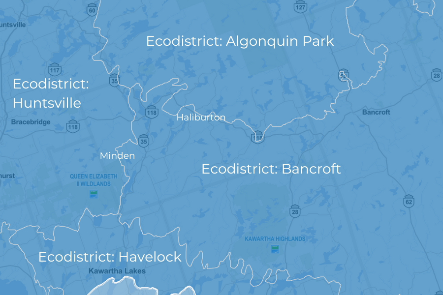 Map showing the four Ecodistricts relevant to Haliburton County. 