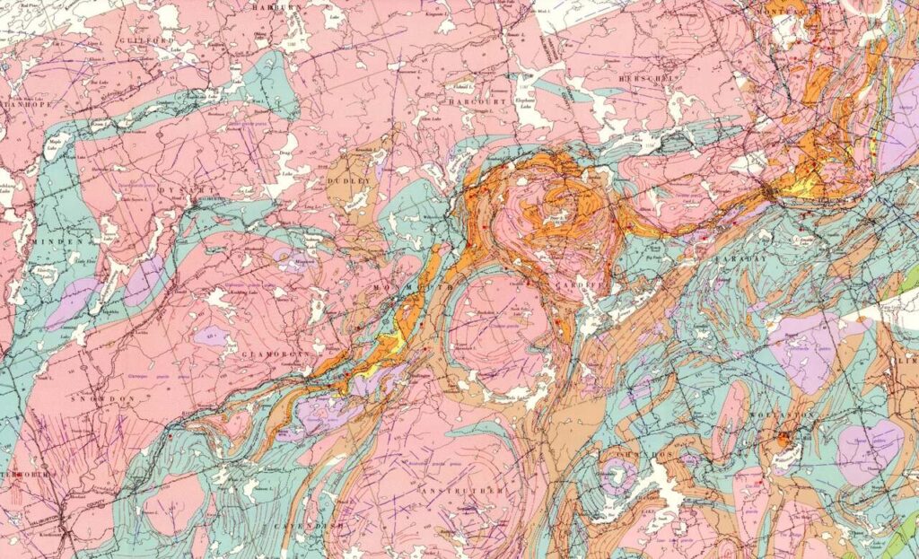 Map showing the bedrock geology of Haliburton County. The geology affects the native plants found in various parts of Haliburton County.