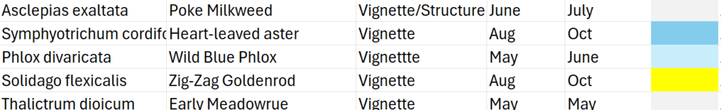 A table showing the plants chosen for the vignette layer of the native plant shade garden.