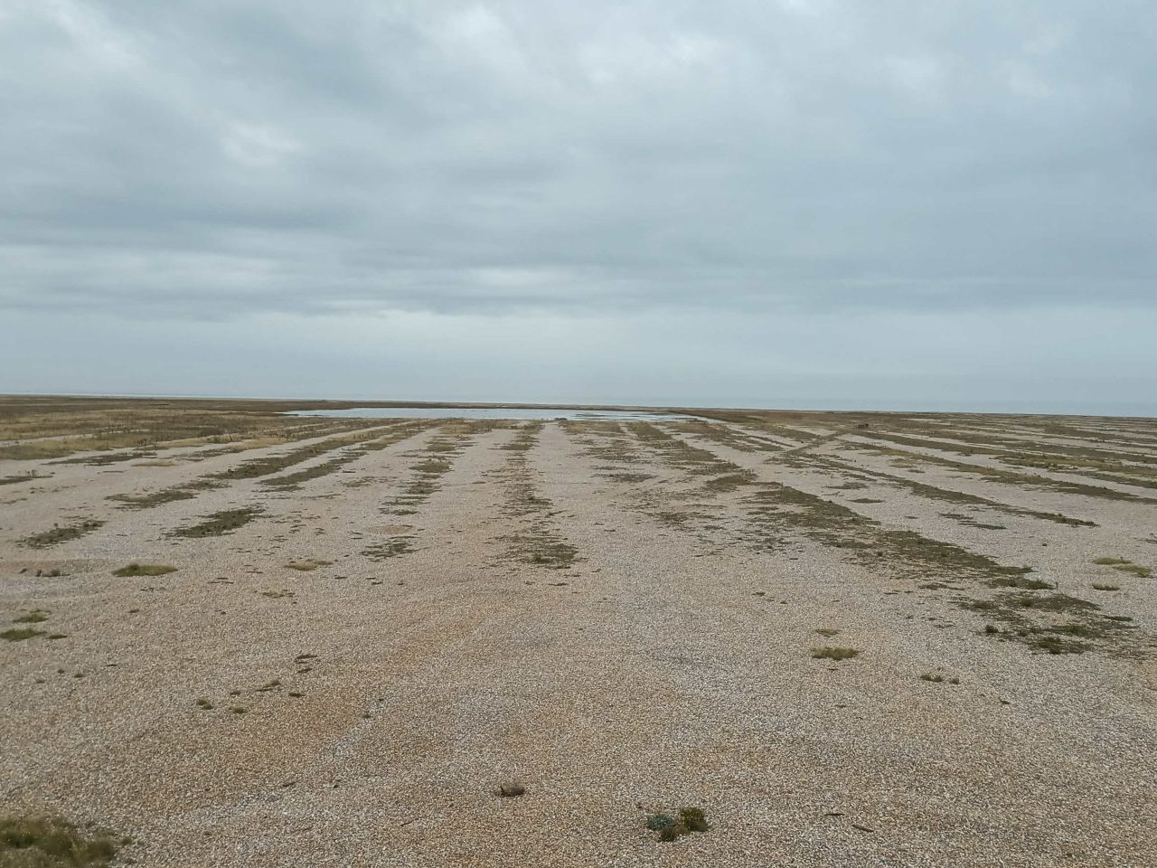 Those lines in the gravel aren't human-made. The berms and the swales are the natural result of the action of the wind on the stones, and vegetation has grown where it can. They have the affect of drawing our eyes towards the horizon.