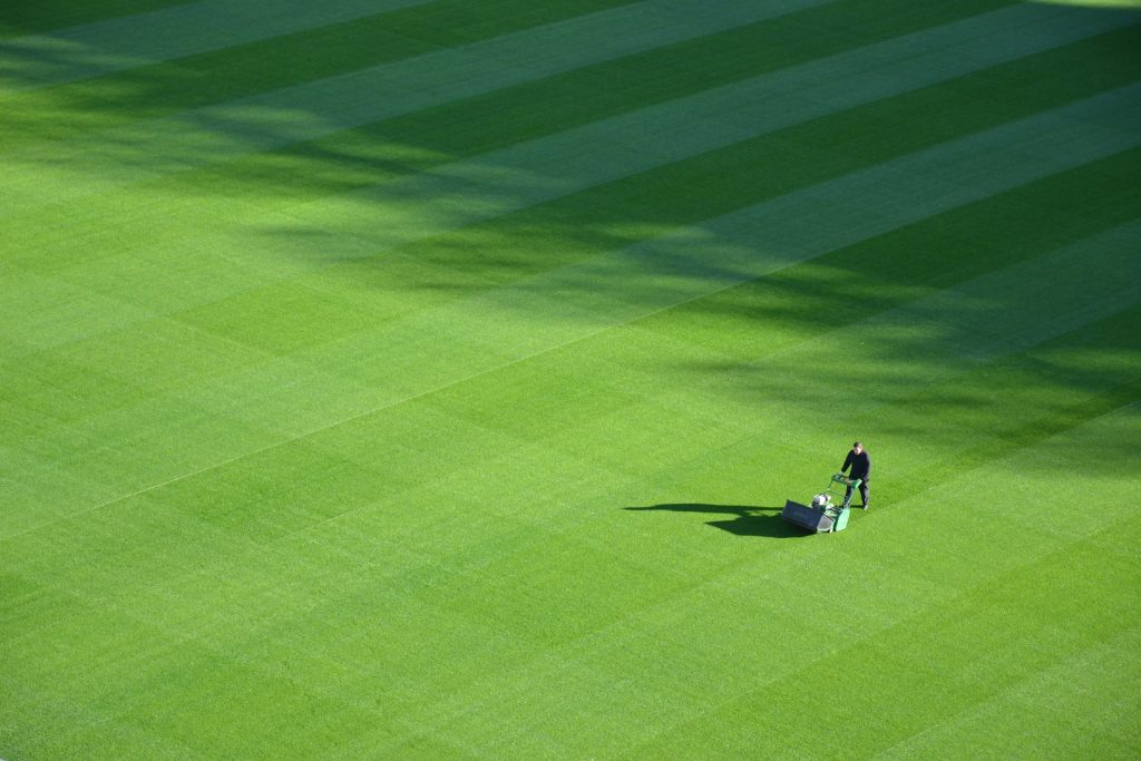 Person mowing large expanse of lawn