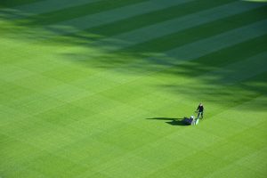 Person mowing large expanse of lawn