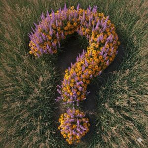 Image of question mark made of flowers. AI-generated.