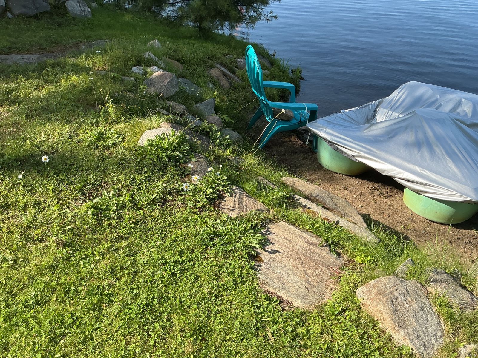 Mown grass running right to the rocks at the water's edge